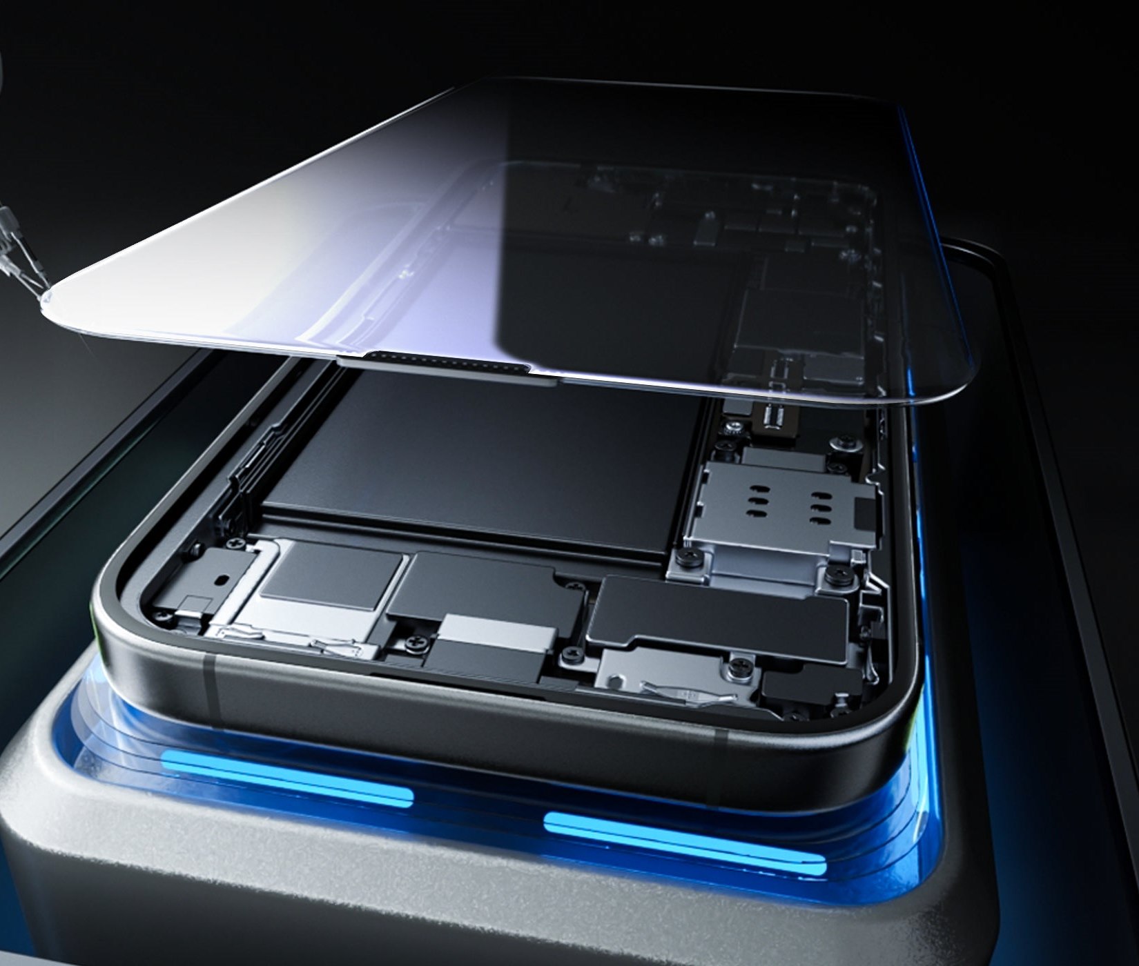 Screen protector being applied with the auto dust-removal alignment system