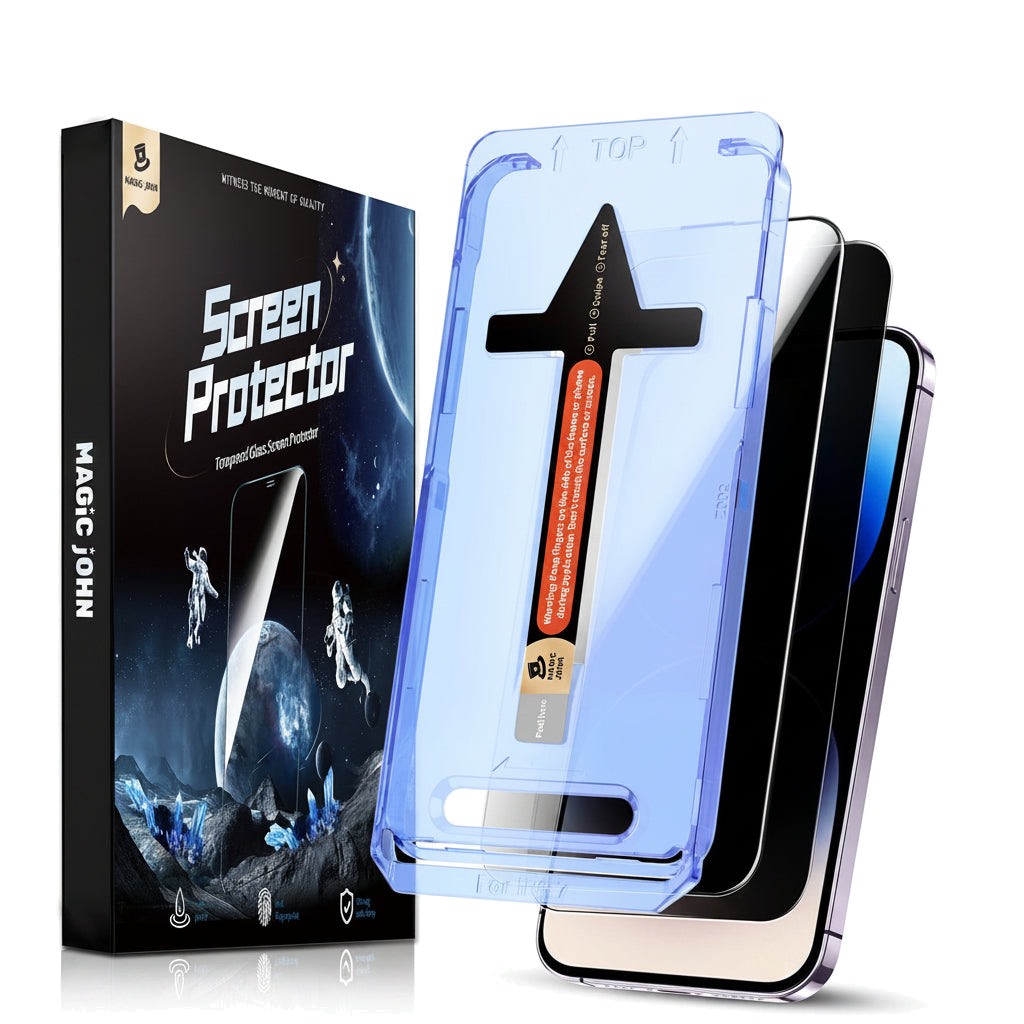 MAGIC JOHN tempered glass screen protector retail box with its one-press dust-removal applicator and an iPhone